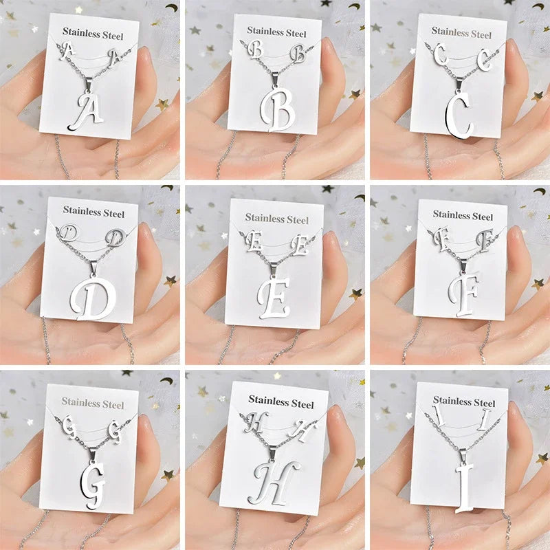 Fashion Stainless Steel A-Z Alphabet Initial Necklace 26 English Letter Earrings Necklace for Women Set Personalize Jewelry Gift