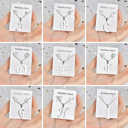 Fashion Stainless Steel A-Z Alphabet Initial Necklace 26 English Letter Earrings Necklace for Women Set Personalize Jewelry Gift