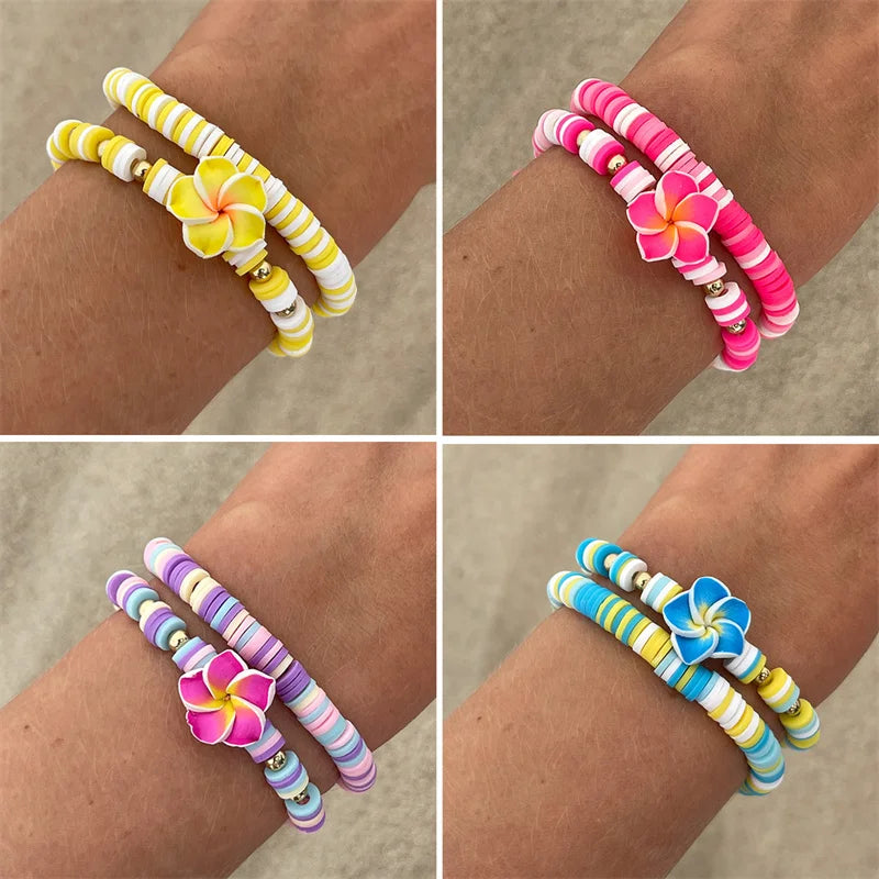 2 Pcs/Set Multicolor Polymer Clay Beads Bracelets for Women Bohemian Flower Charm Elastic Chain Set Summer Jewelry Vacation Gift