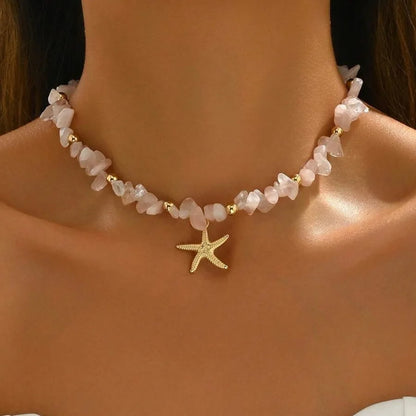Bohemian Rice Beads Starfish Pendant Necklace for Women Handmade Imitation Pearl Colorful Beaded Choker Summer Beach Jewelry