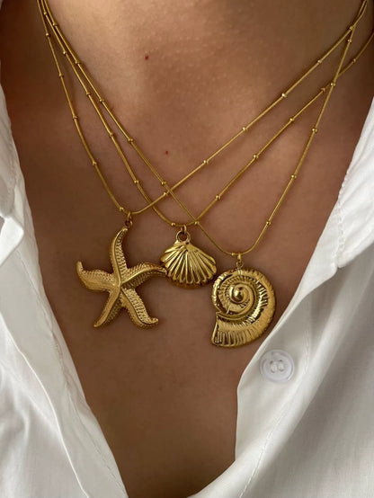 Minimalist Starfish Stripe Conch Scallop Shaped Pendant Necklace for Women Waterproof Trend Jewelry Summer Beach Party