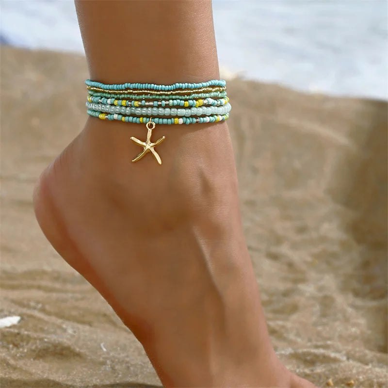 Bohemia Multilayer Rice Bead Anklet Set for Women Fashion Starfish Pendant Anklets Summer Sandy Beach Ankle Chain on Leg Jewelry