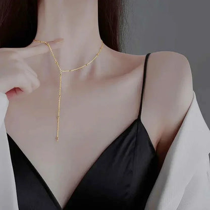 Gold Color Double Layered Long Tassel Chain Necklaces for Women Simple Metal Geometric Bead Choker Necklace Fashion Jewelry