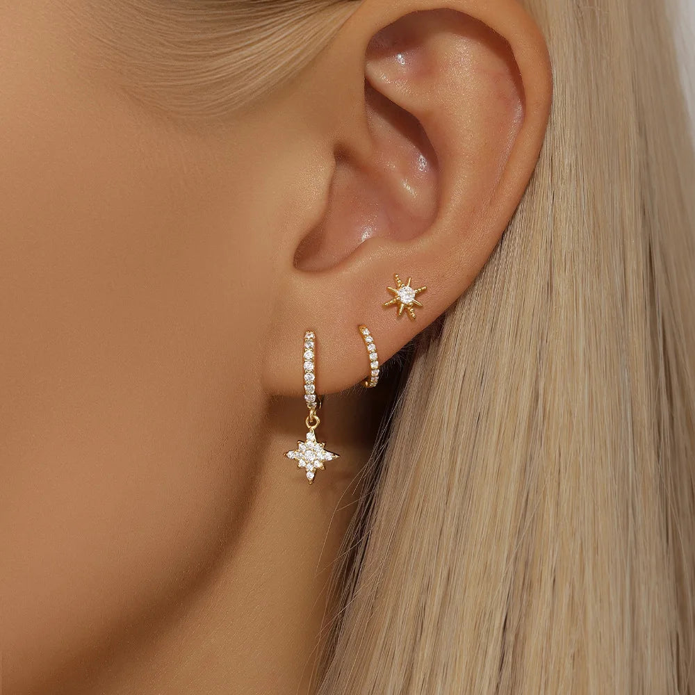 3 Piece Fashion Stainless Steel round Star Drop Earrings Set for Women 18K Gold Plated Dangle Earring Punk Unisex Rock Jewelry