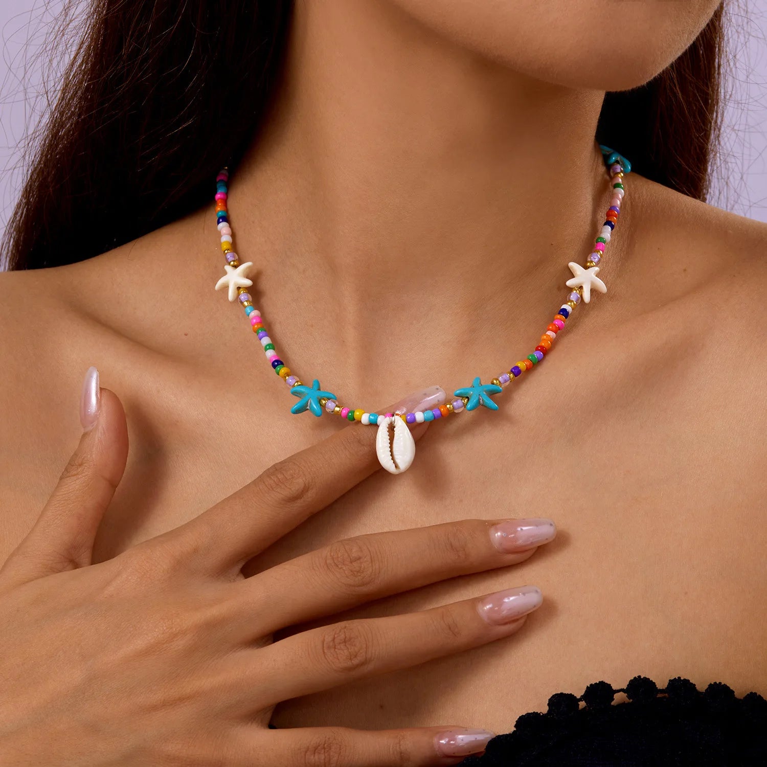 Bohemia Multicolour Bead Shell Pendant Necklace for Women Fashion Summer Adjustable Geometric Jewelry Holiday Beach Gift