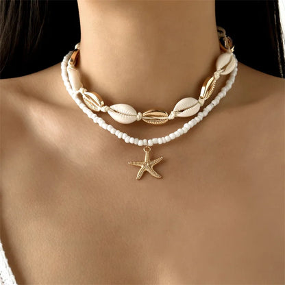 Bohemian Rice Beads Starfish Pendant Necklace for Women Handmade Imitation Pearl Colorful Beaded Choker Summer Beach Jewelry