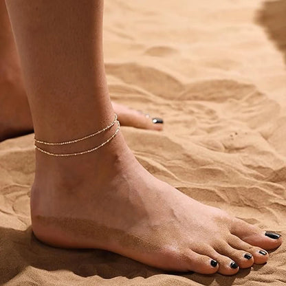 Waterproof Ankle Bracelets for Women,14K Gold Silver Plated Layered Beads Anklets Bracelets for Women Girls Summer Jewelry Gifts