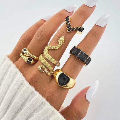 2024 New Tide Individuality Retro Geometric Hollowing Inlay Gem Rings Setliquid State Metal Four-Piece Rings Set Paty Jewelry