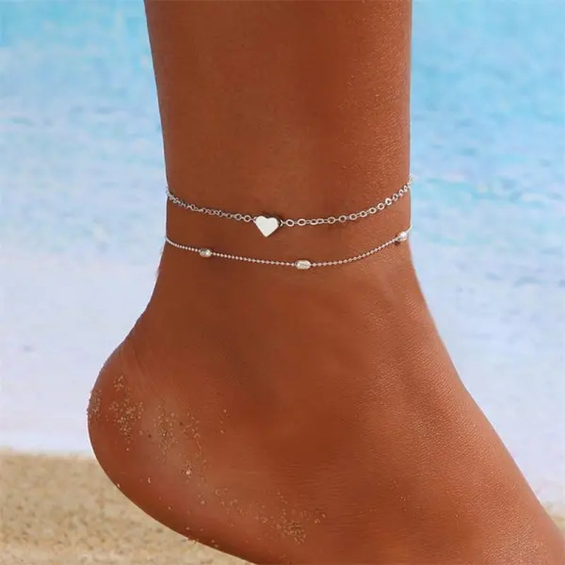 Bohemia Multilayer Rice Bead Anklet Set for Women Fashion Starfish Pendant Anklets Summer Sandy Beach Ankle Chain on Leg Jewelry