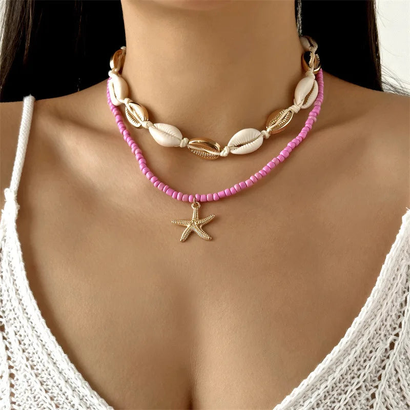 Bohemian Rice Beads Starfish Pendant Necklace for Women Handmade Imitation Pearl Colorful Beaded Choker Summer Beach Jewelry