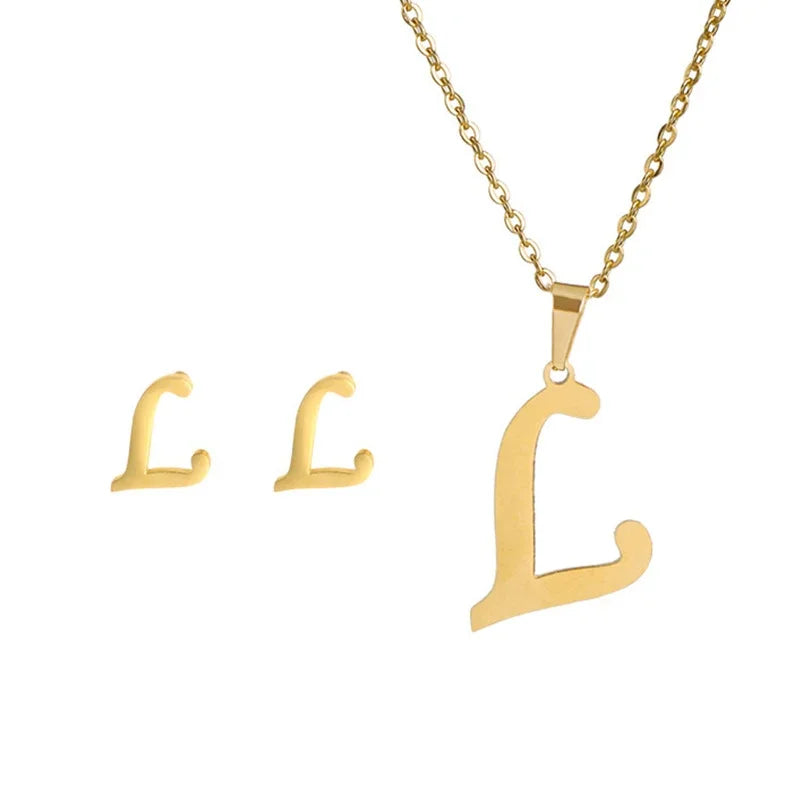 Fashion Stainless Steel A-Z Alphabet Initial Necklace 26 English Letter Earrings Necklace for Women Set Personalize Jewelry Gift