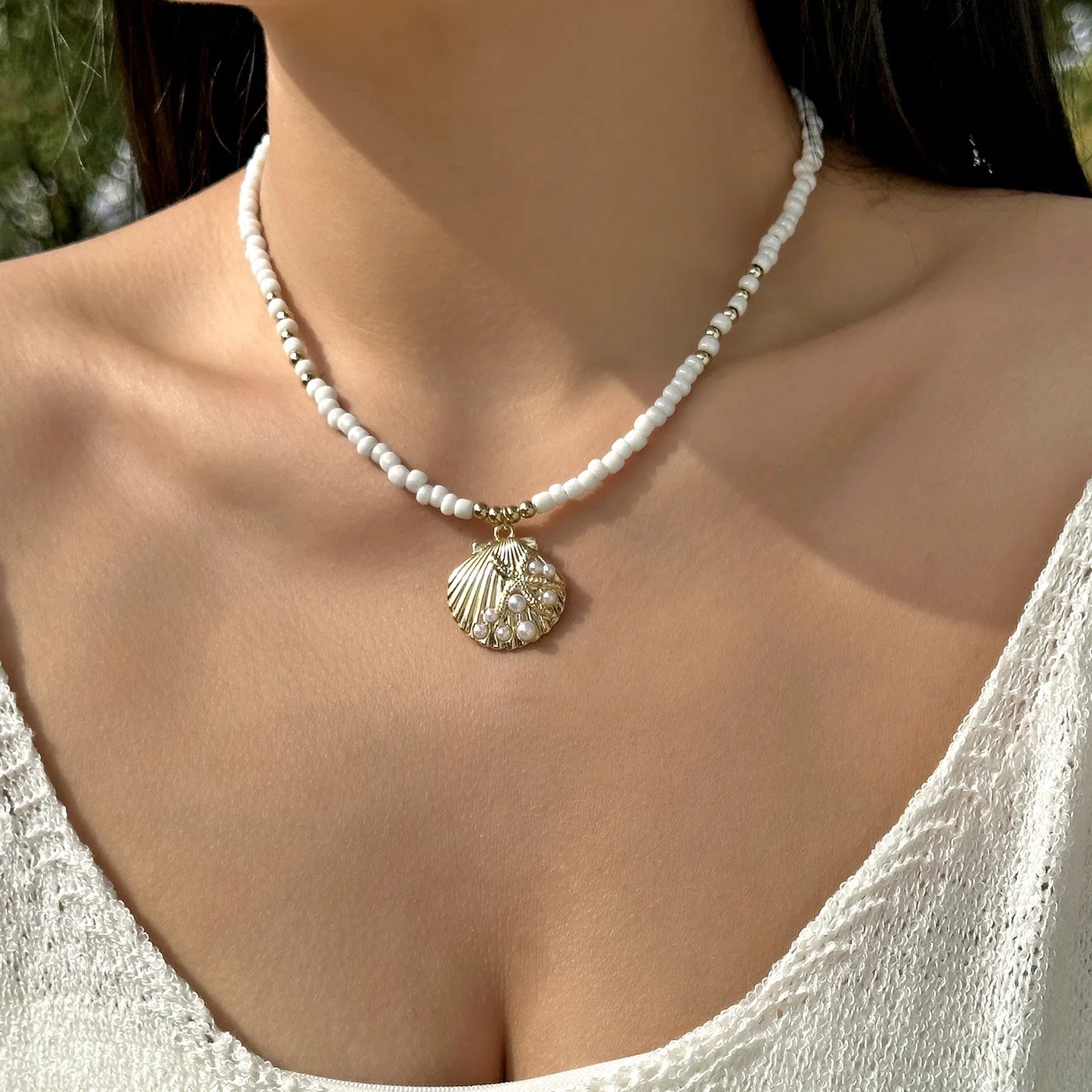 Bohemian Rice Beads Starfish Pendant Necklace for Women Handmade Imitation Pearl Colorful Beaded Choker Summer Beach Jewelry