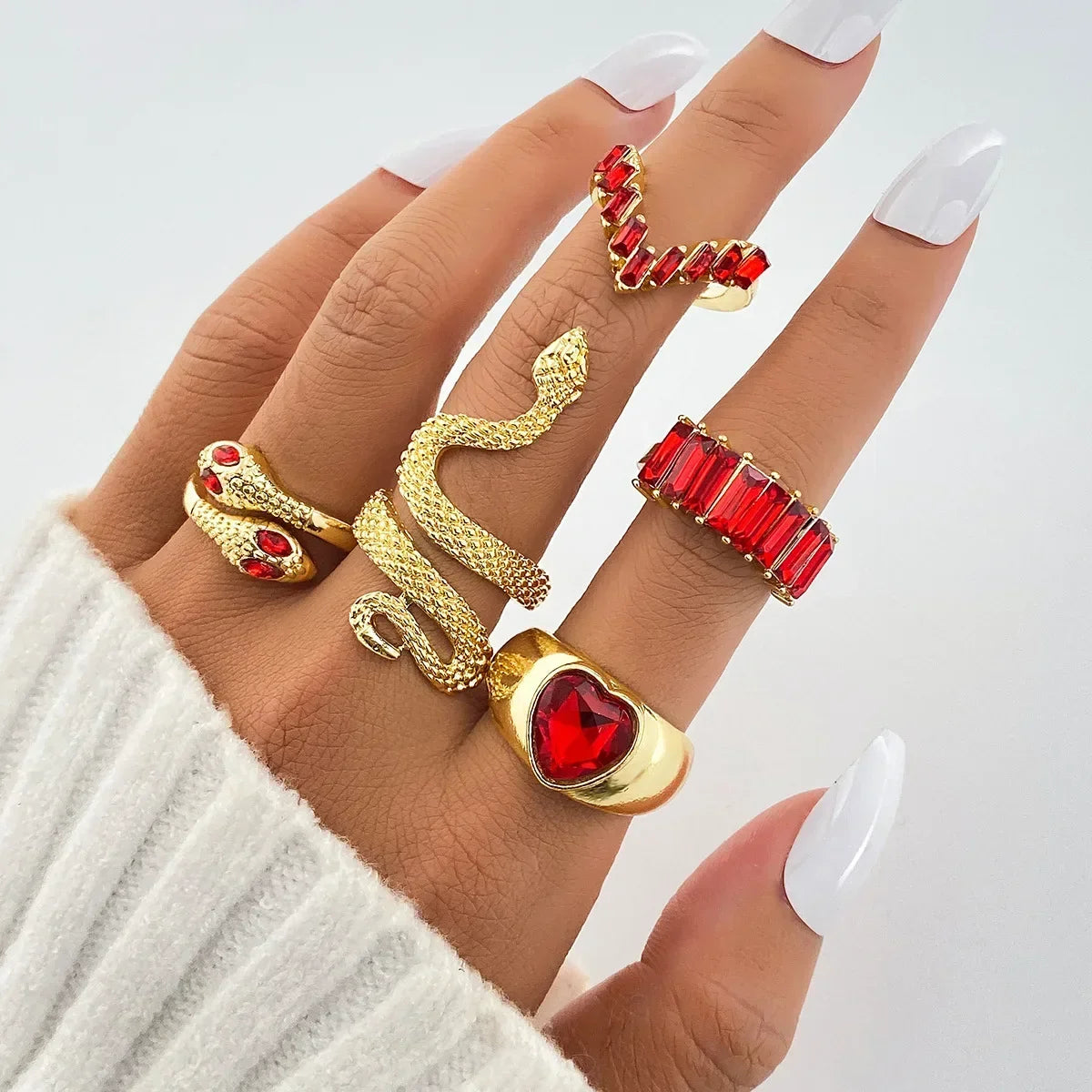 2024 New Tide Individuality Retro Geometric Hollowing Inlay Gem Rings Setliquid State Metal Four-Piece Rings Set Paty Jewelry