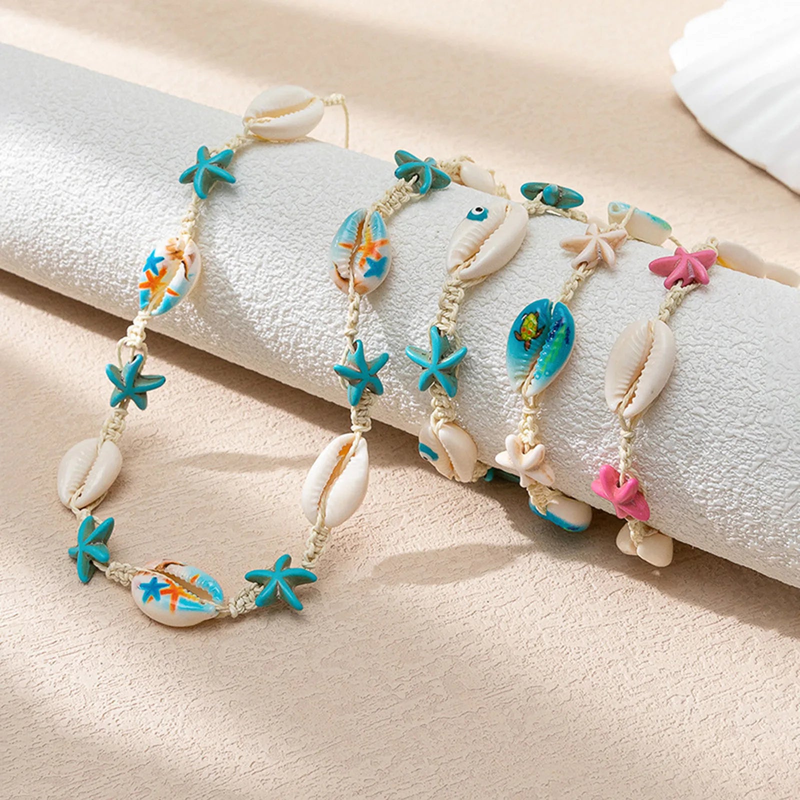 1PC Shell Ocean Jewelry Braided Bracelets White & Blue Star Fish Cross Bracelet Summer Fashion Jewelry for Women Gifts 6Cm Dia.