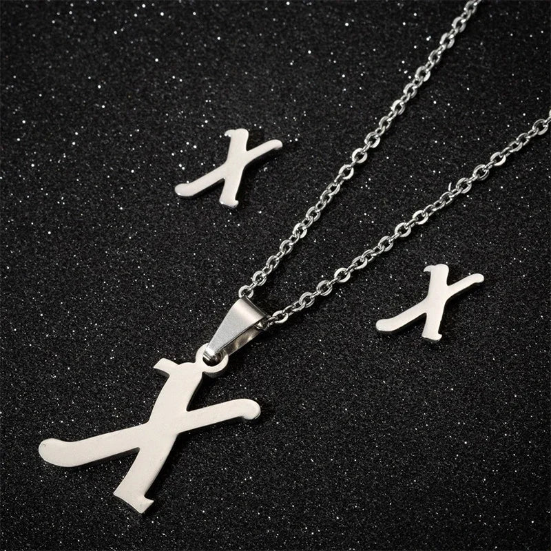 Fashion Stainless Steel A-Z Alphabet Initial Necklace 26 English Letter Earrings Necklace for Women Set Personalize Jewelry Gift