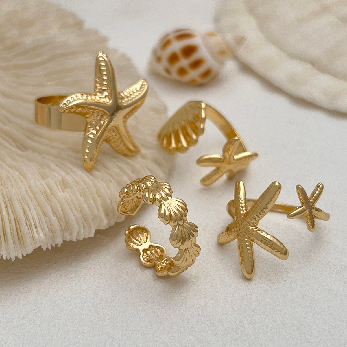 4Pcs/Set Starfish Scallop Adjustable Open Rings for Women Trendy Geometric Gold Color Ring Summer Beach Jewelry Accessory