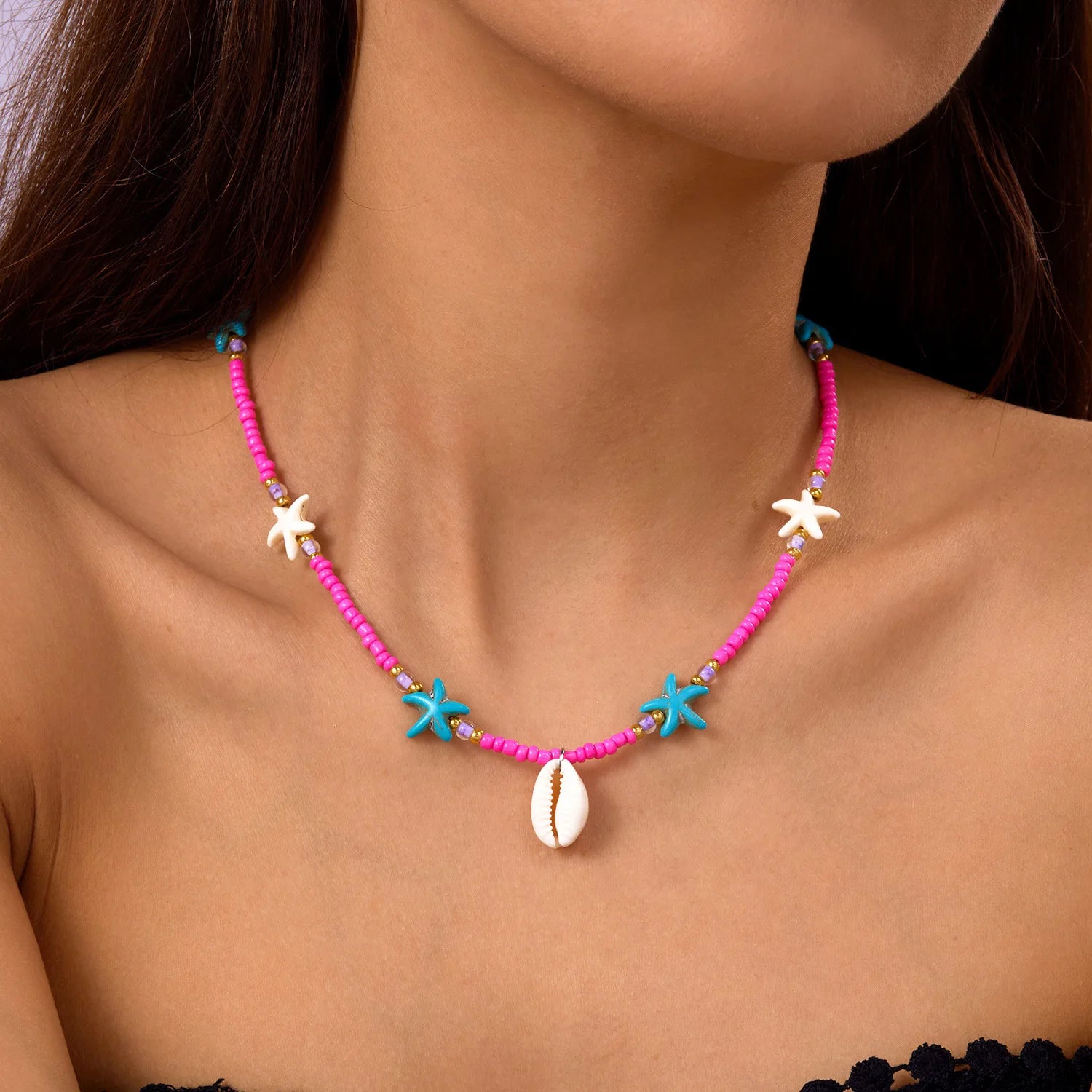 Bohemia Multicolour Bead Shell Pendant Necklace for Women Fashion Summer Adjustable Geometric Jewelry Holiday Beach Gift