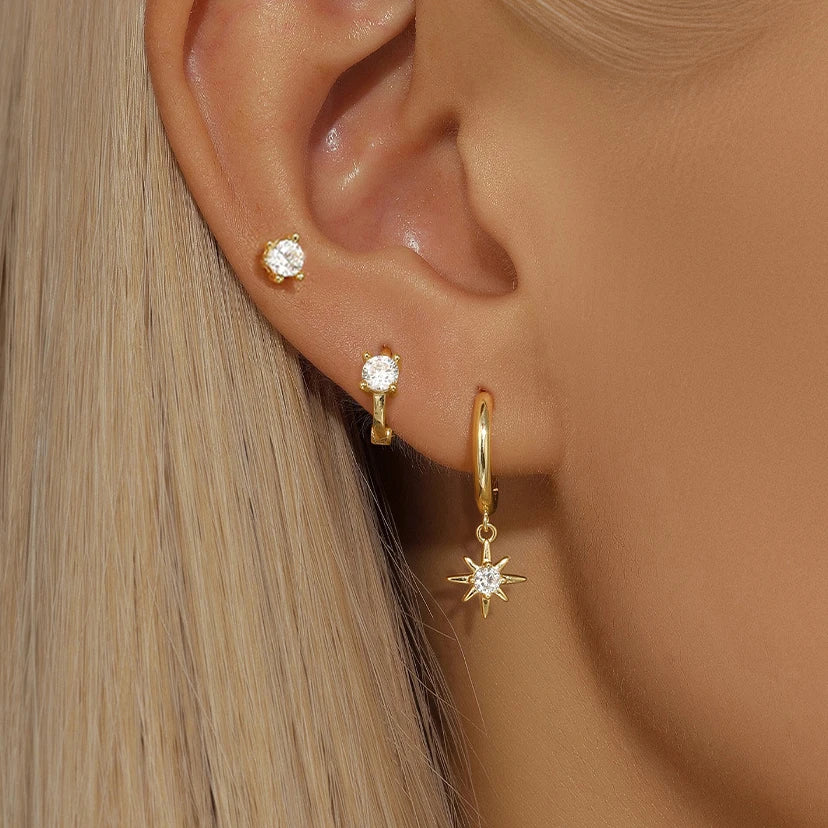 3 Piece Fashion Stainless Steel round Star Drop Earrings Set for Women 18K Gold Plated Dangle Earring Punk Unisex Rock Jewelry