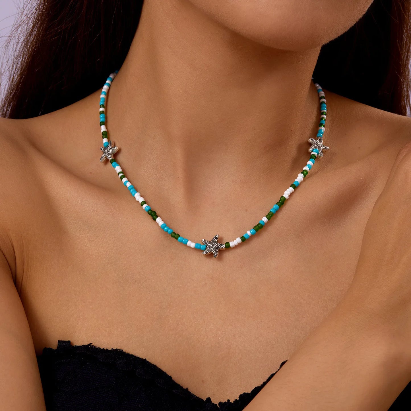 Bohemian Rice Beads Starfish Pendant Necklace for Women Handmade Imitation Pearl Colorful Beaded Choker Summer Beach Jewelry