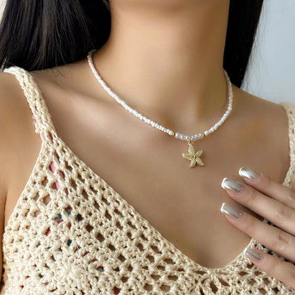 Bohemian Rice Beads Starfish Pendant Necklace for Women Handmade Imitation Pearl Colorful Beaded Choker Summer Beach Jewelry