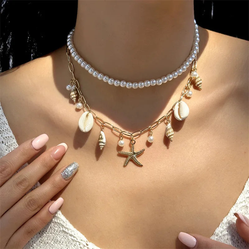 Bohemian Rice Beads Starfish Pendant Necklace for Women Handmade Imitation Pearl Colorful Beaded Choker Summer Beach Jewelry