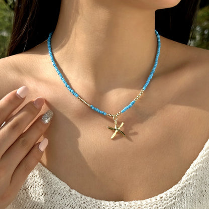 Bohemian Rice Beads Starfish Pendant Necklace for Women Handmade Imitation Pearl Colorful Beaded Choker Summer Beach Jewelry