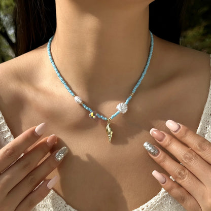 Bohemian Rice Beads Starfish Pendant Necklace for Women Handmade Imitation Pearl Colorful Beaded Choker Summer Beach Jewelry