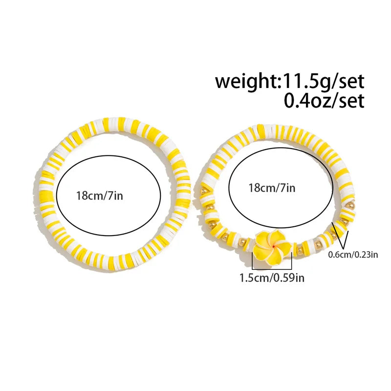 2 Pcs/Set Multicolor Polymer Clay Beads Bracelets for Women Bohemian Flower Charm Elastic Chain Set Summer Jewelry Vacation Gift