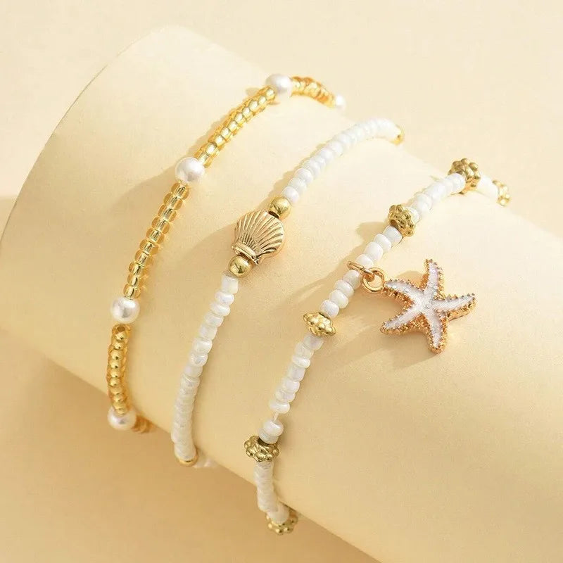 Summer Bohemian Style Starfish Shell Millet Bead Ankle Chain Three-Layer Set Beachy Elegant Foot Jewelry Accessory
