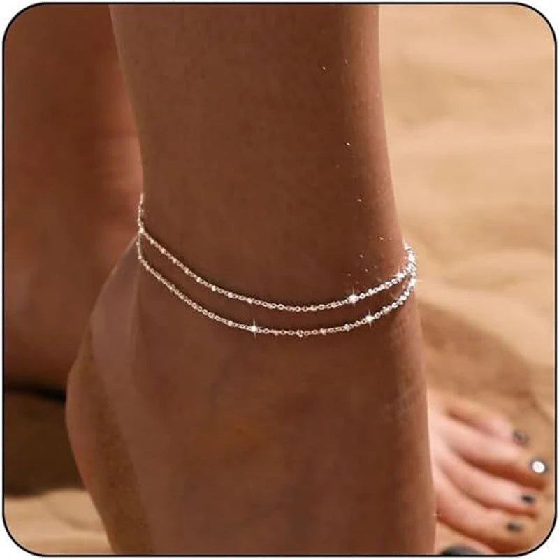 Waterproof Ankle Bracelets for Women,14K Gold Silver Plated Layered Beads Anklets Bracelets for Women Girls Summer Jewelry Gifts