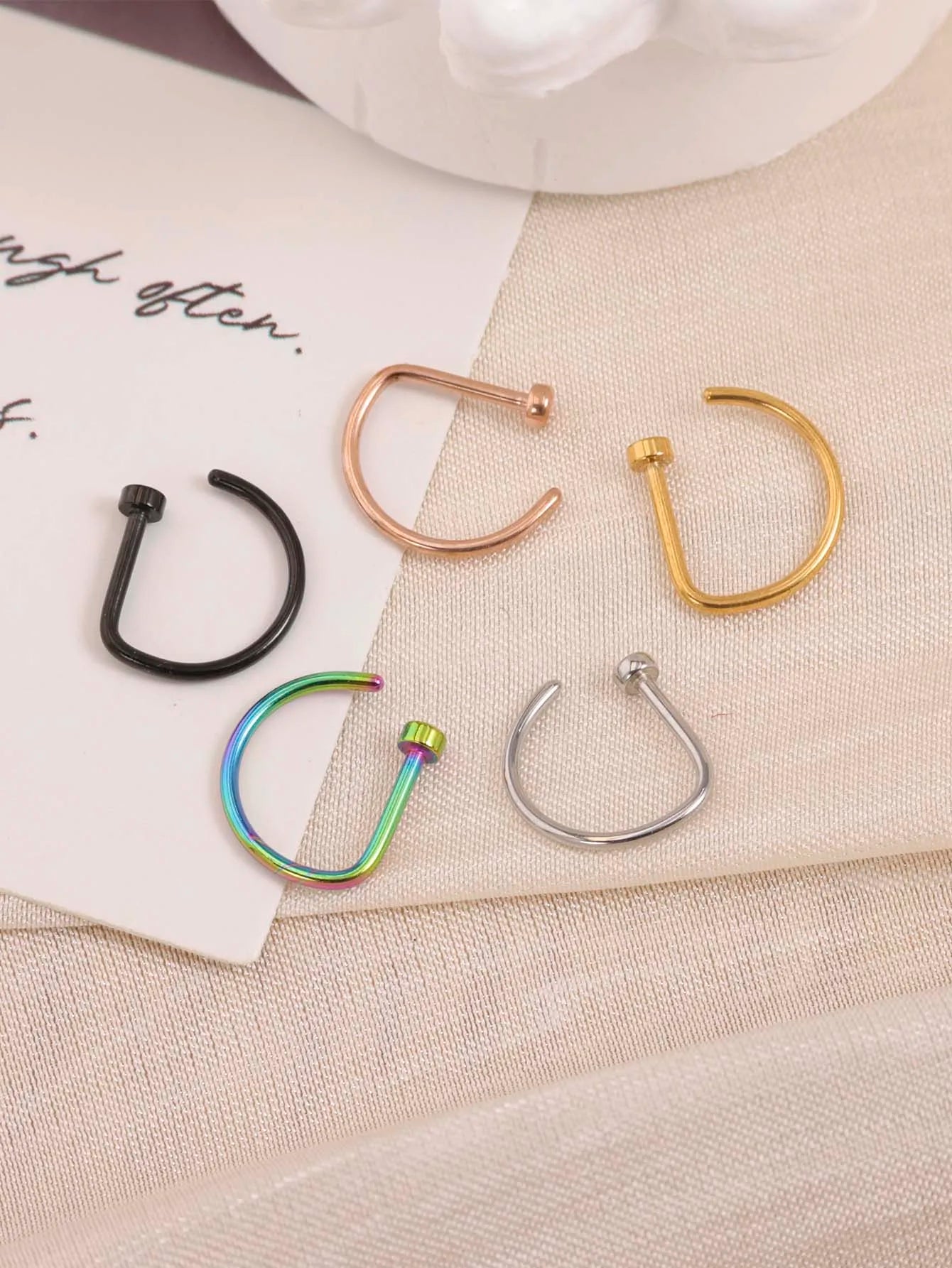 New Curved Barbells Fake Nose Piercing D Shaped Tragus Helix Stud Earring Hoop Septum Stainless Steel Ring Nostril Body Jewelry