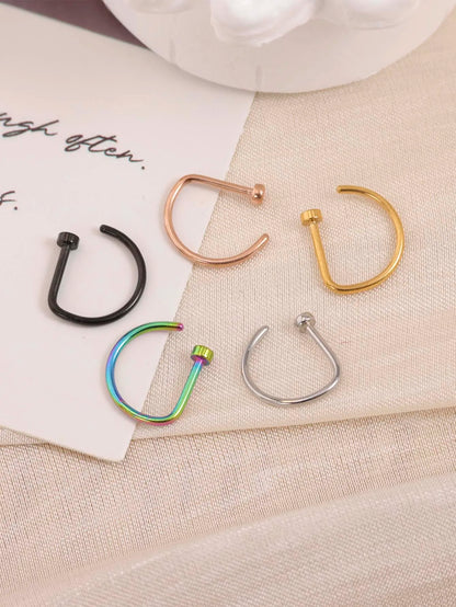 New Curved Barbells Fake Nose Piercing D Shaped Tragus Helix Stud Earring Hoop Septum Stainless Steel Ring Nostril Body Jewelry