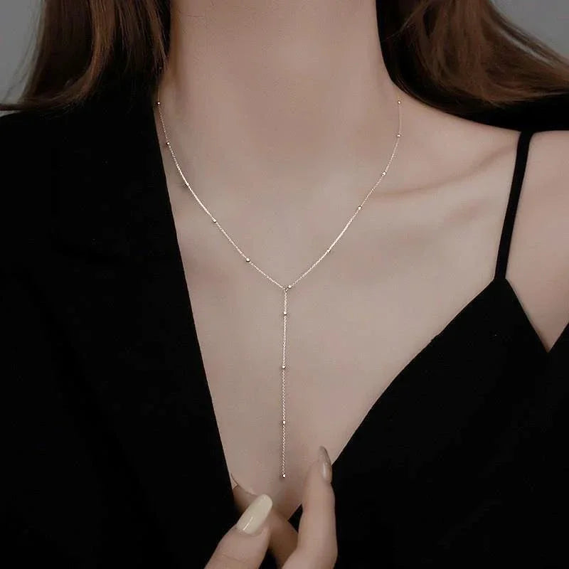 Gold Color Double Layered Long Tassel Chain Necklaces for Women Simple Metal Geometric Bead Choker Necklace Fashion Jewelry