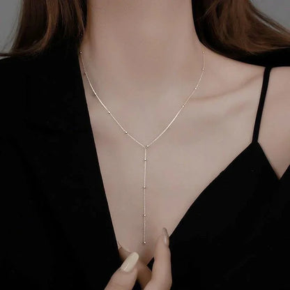 Gold Color Double Layered Long Tassel Chain Necklaces for Women Simple Metal Geometric Bead Choker Necklace Fashion Jewelry