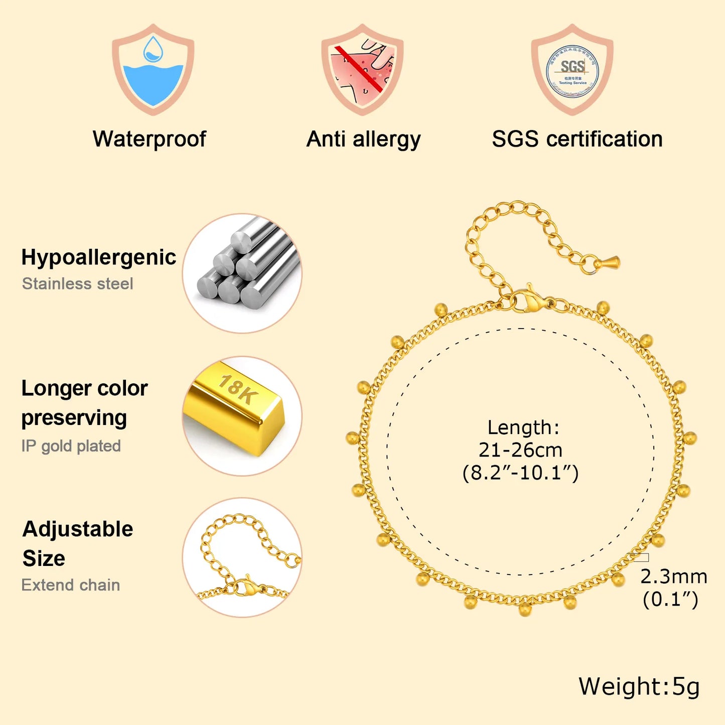 Anklet Bracelet on Legs Stainless Steel ,Waterproof Adjustable Beach Beaded Ball Cuban Link Summer Boho Foot Jewelry for Women