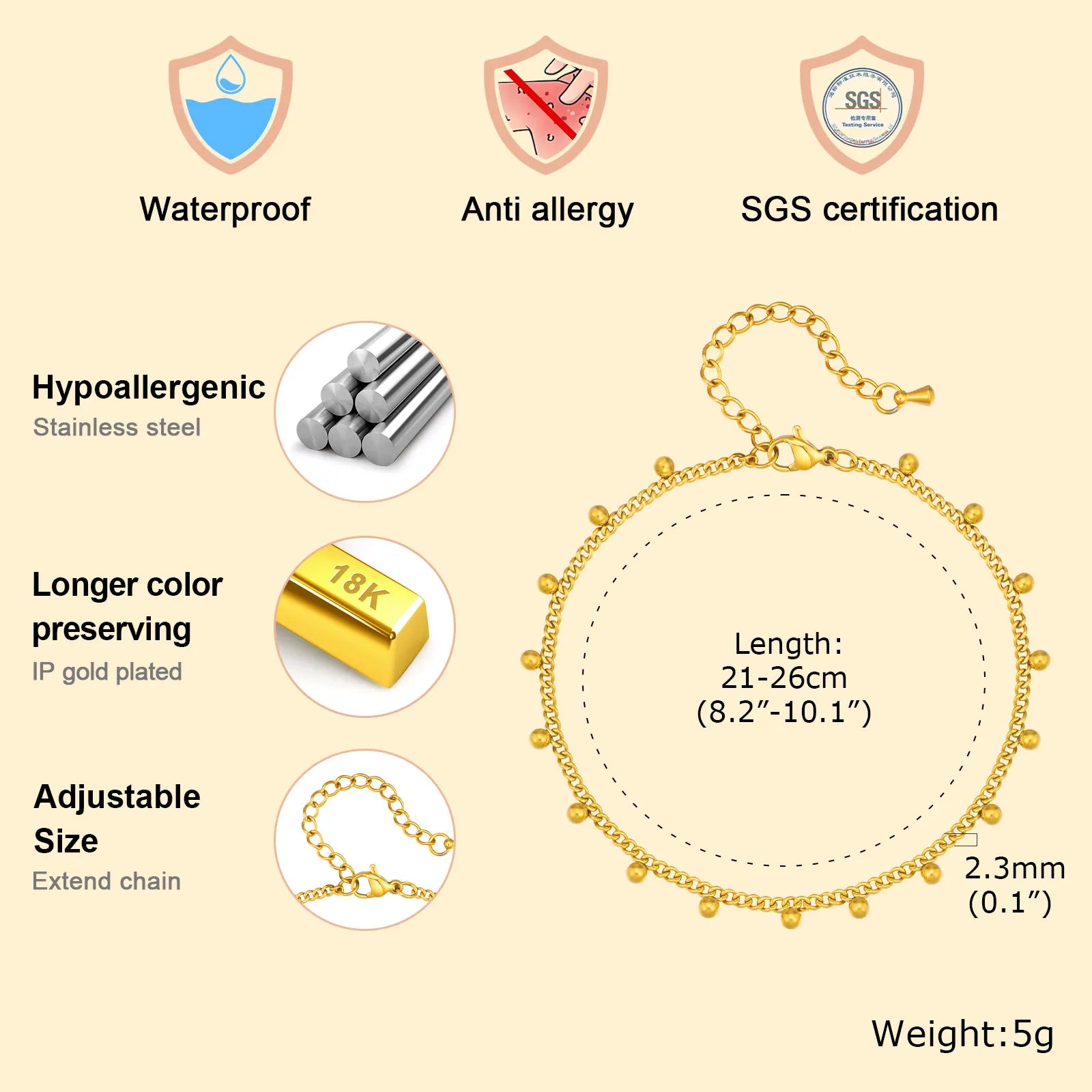 Anklet Bracelet on Legs Stainless Steel ,Waterproof Adjustable Beach Beaded Ball Cuban Link Summer Boho Foot Jewelry for Women