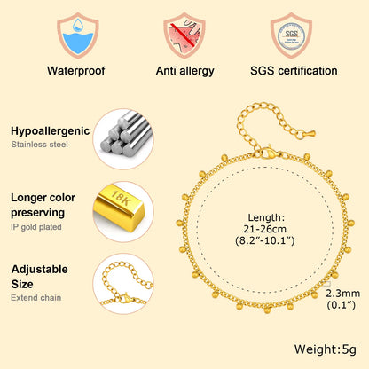 Anklet Bracelet on Legs Stainless Steel ,Waterproof Adjustable Beach Beaded Ball Cuban Link Summer Boho Foot Jewelry for Women