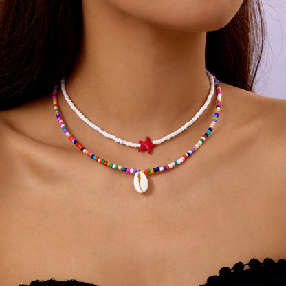 Bohemia Multicolour Bead Shell Pendant Necklace for Women Fashion Summer Adjustable Geometric Jewelry Holiday Beach Gift