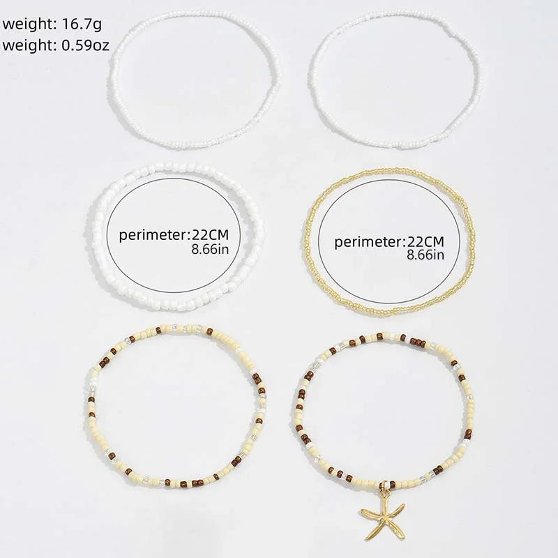 Bohemia Multilayer Rice Bead Anklet Set for Women Fashion Starfish Pendant Anklets Summer Sandy Beach Ankle Chain on Leg Jewelry