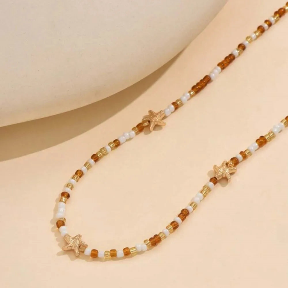 Bohemian Rice Beads Starfish Pendant Necklace for Women Handmade Imitation Pearl Colorful Beaded Choker Summer Beach Jewelry