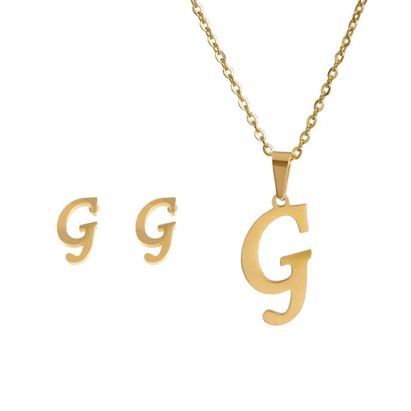 Fashion Stainless Steel A-Z Alphabet Initial Necklace 26 English Letter Earrings Necklace for Women Set Personalize Jewelry Gift