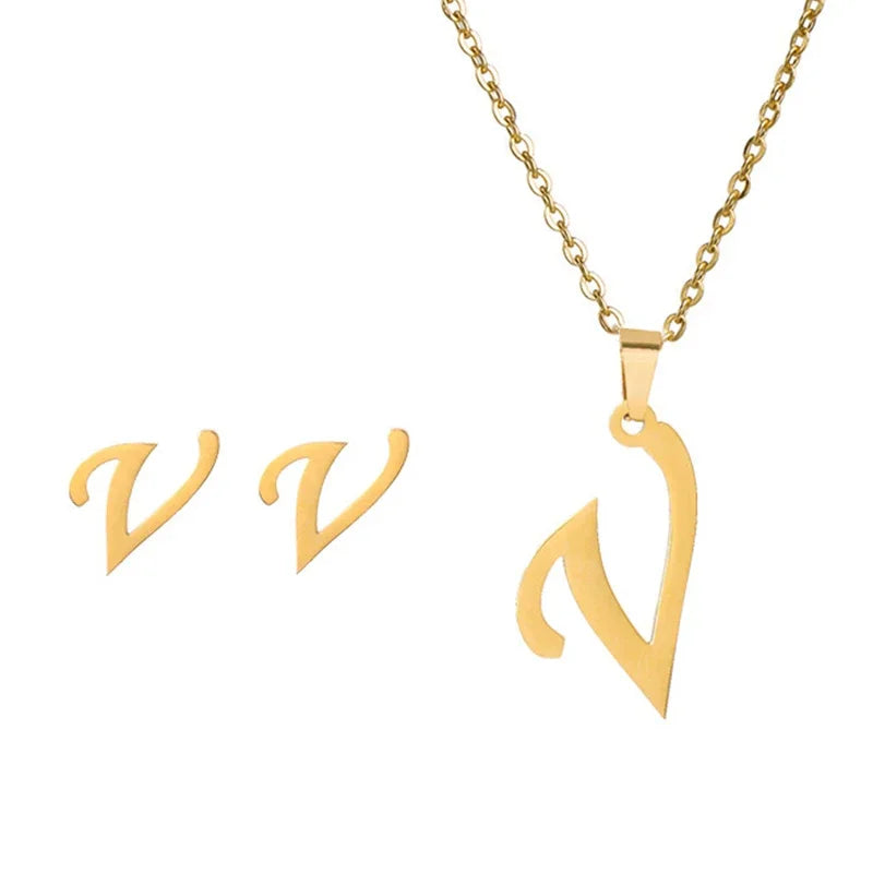 Fashion Stainless Steel A-Z Alphabet Initial Necklace 26 English Letter Earrings Necklace for Women Set Personalize Jewelry Gift