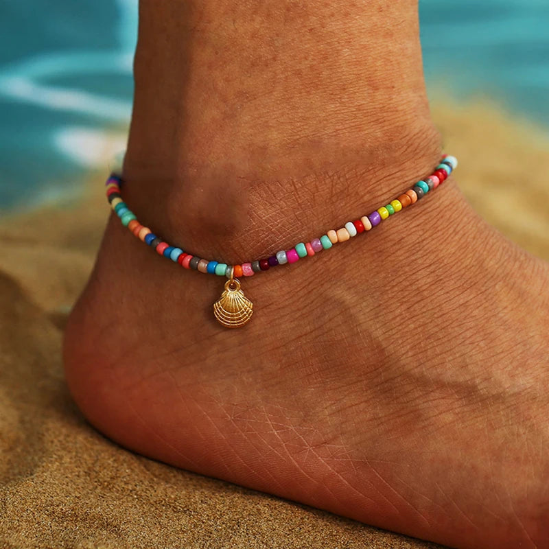 Bohemia Multilayer Rice Bead Anklet Set for Women Fashion Starfish Pendant Anklets Summer Sandy Beach Ankle Chain on Leg Jewelry