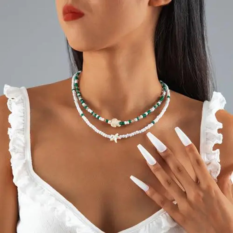 Bohemia Multicolour Bead Shell Pendant Necklace for Women Fashion Summer Adjustable Geometric Jewelry Holiday Beach Gift