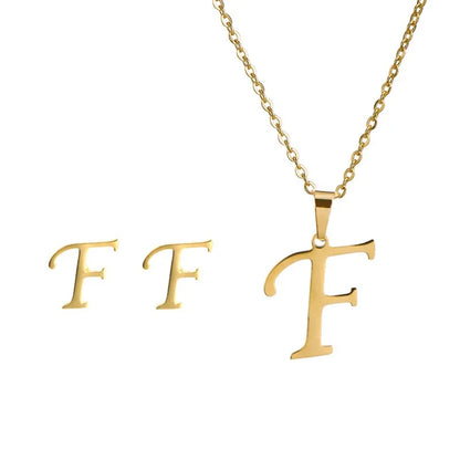 Fashion Stainless Steel A-Z Alphabet Initial Necklace 26 English Letter Earrings Necklace for Women Set Personalize Jewelry Gift