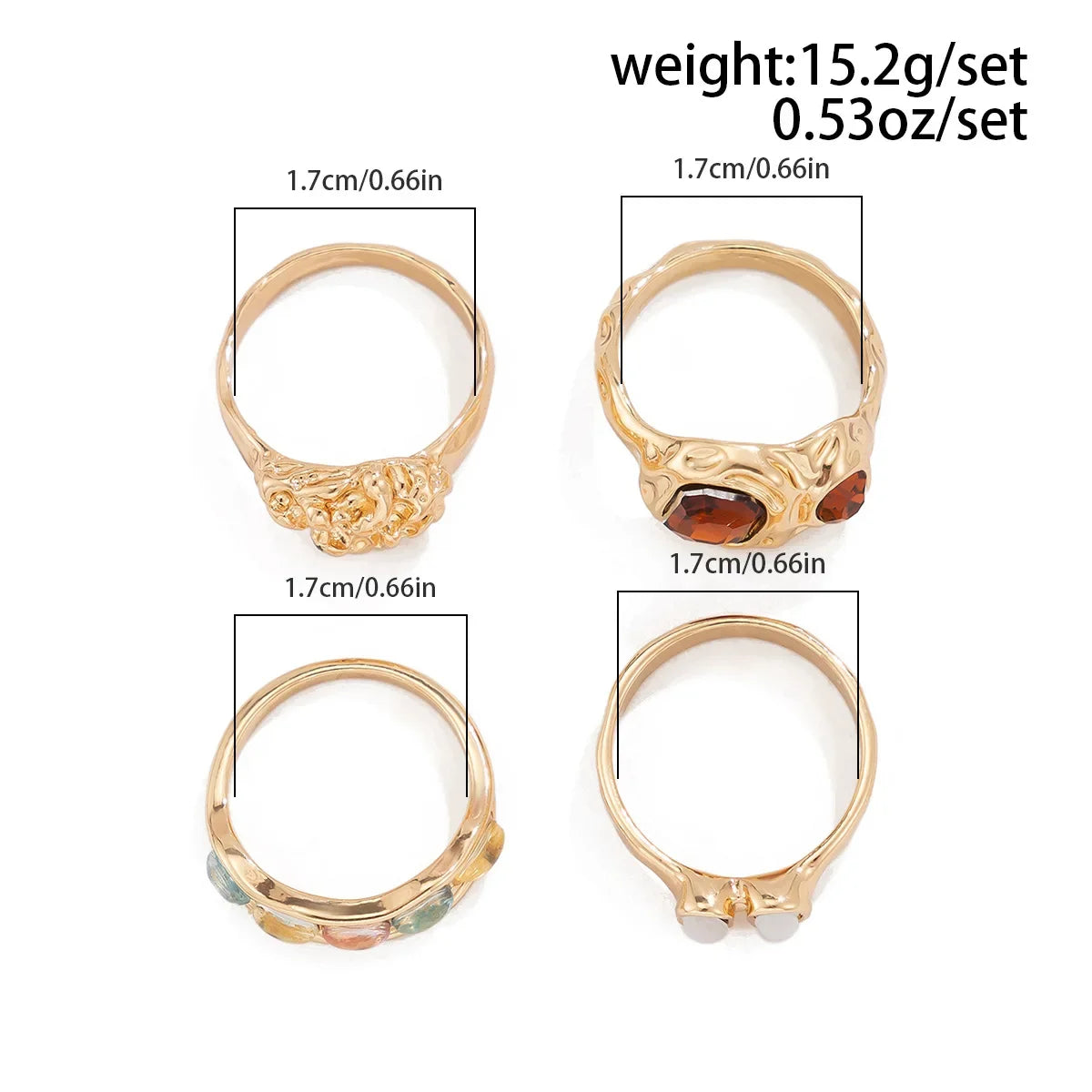 2024 New Tide Individuality Retro Geometric Hollowing Inlay Gem Rings Setliquid State Metal Four-Piece Rings Set Paty Jewelry