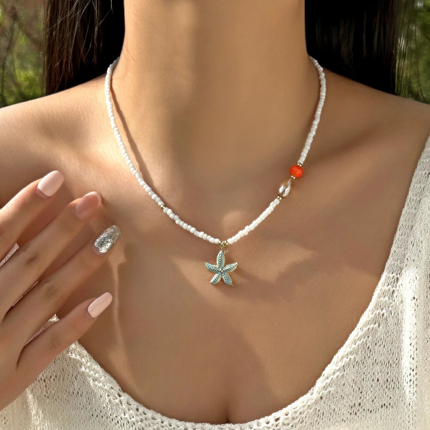 Bohemian Rice Beads Starfish Pendant Necklace for Women Handmade Imitation Pearl Colorful Beaded Choker Summer Beach Jewelry