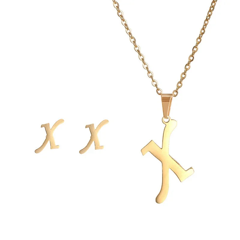 Fashion Stainless Steel A-Z Alphabet Initial Necklace 26 English Letter Earrings Necklace for Women Set Personalize Jewelry Gift