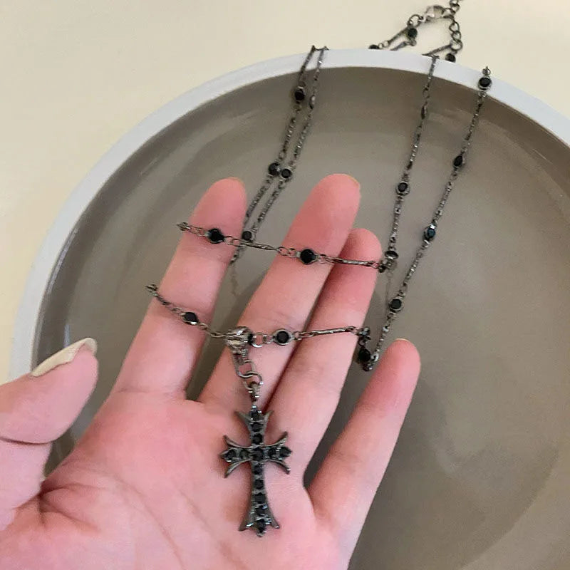 Summer Black Rhinestone Cross Jesus Pendant Choker Necklace for Women Punk Vintage Double Layers Chain 2024 Neck Boho Jewelry