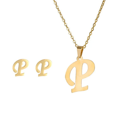 Fashion Stainless Steel A-Z Alphabet Initial Necklace 26 English Letter Earrings Necklace for Women Set Personalize Jewelry Gift
